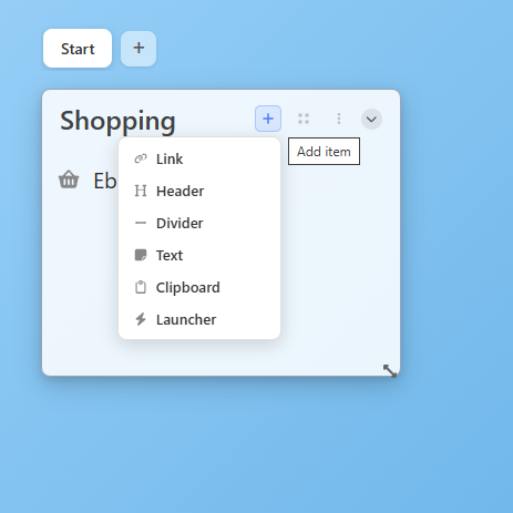 Add item menu opened from a group, showing the available item types.