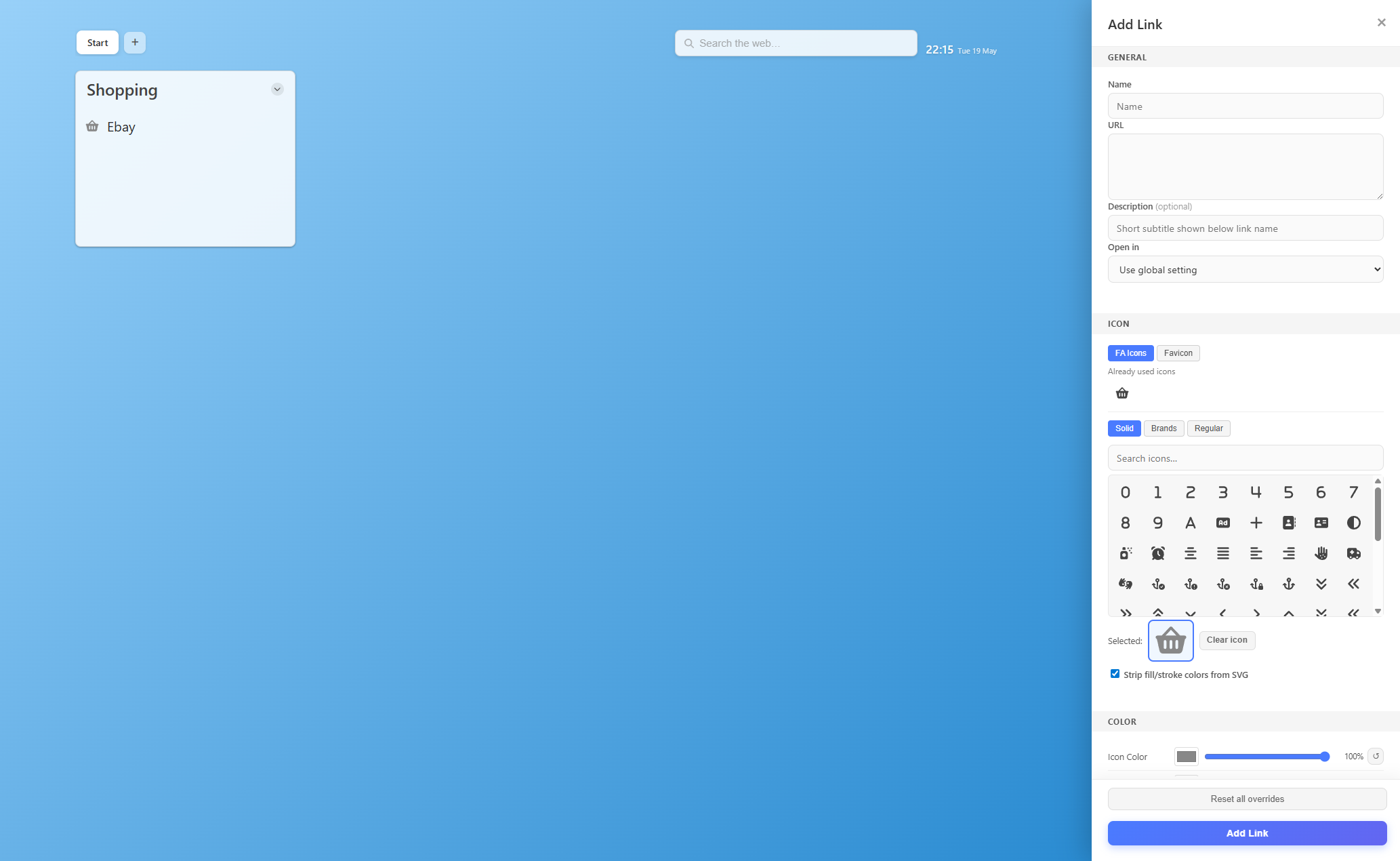 Add Link drawer with link fields, icon picker, color controls, and save action.