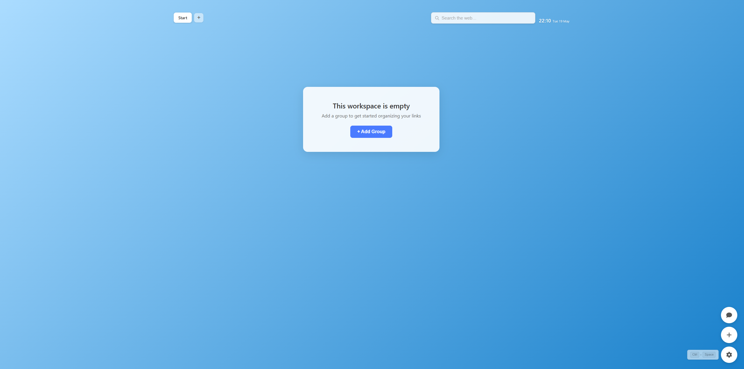 ReadyTab home screen overview with workspace tabs, groups, floating actions, and settings access.
