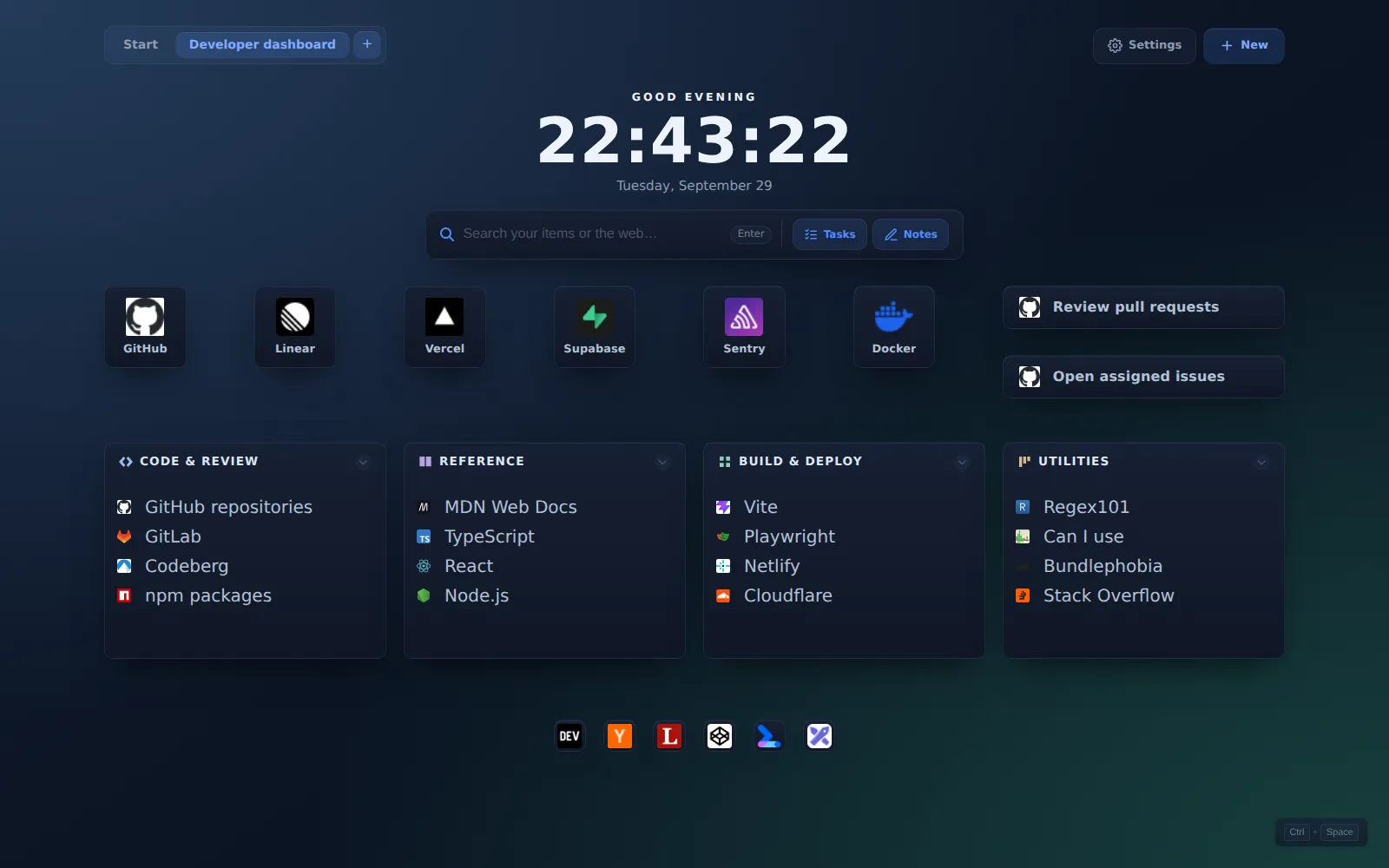 Actual ReadyTab Developer dashboard workspace using the midnight theme