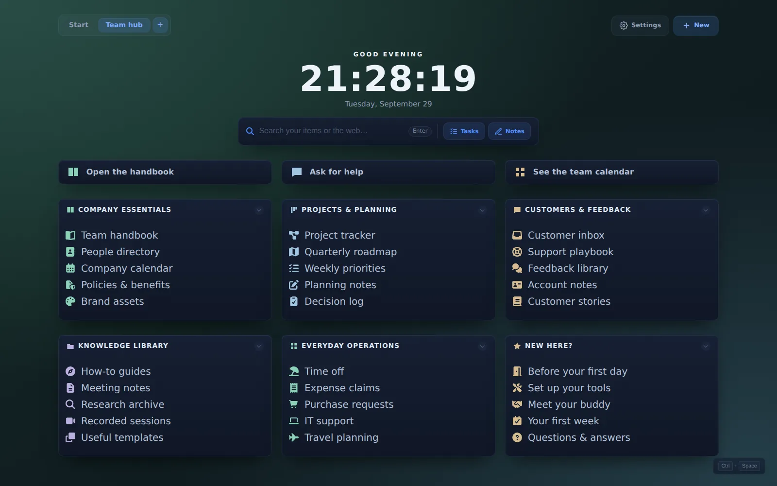 Actual ReadyTab Team hub workspace using the midnight theme
