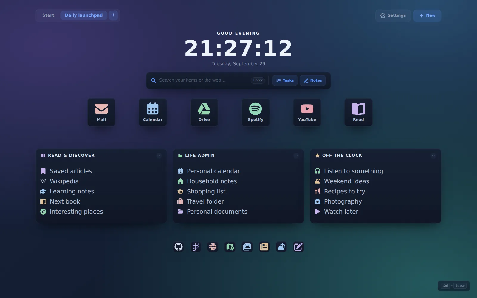 Actual ReadyTab Daily launchpad workspace using the midnight theme