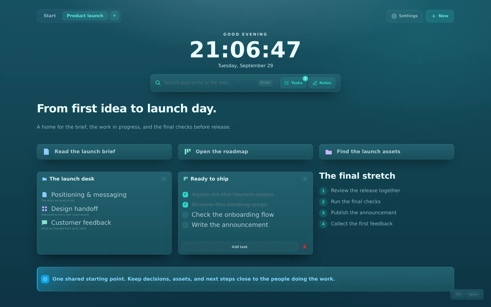Actual ReadyTab Product launch workspace using the ocean theme