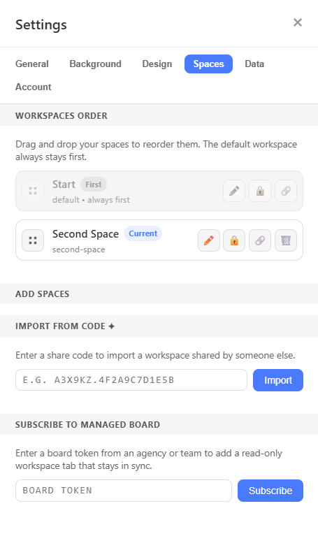 Spaces settings showing spaces management, import from code, shared boards, and the managed board subscription area.